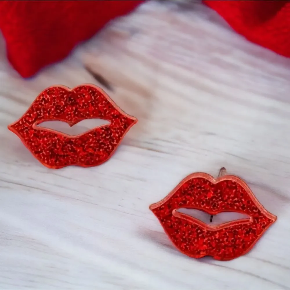Red Glitter Lip Stud Earrings Tiny Sparkly Kiss Playful Acrylic Girl's Night